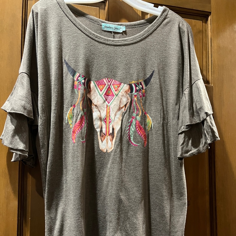 Southern Grace L Taupe longhorn top with ruffle sleeves
